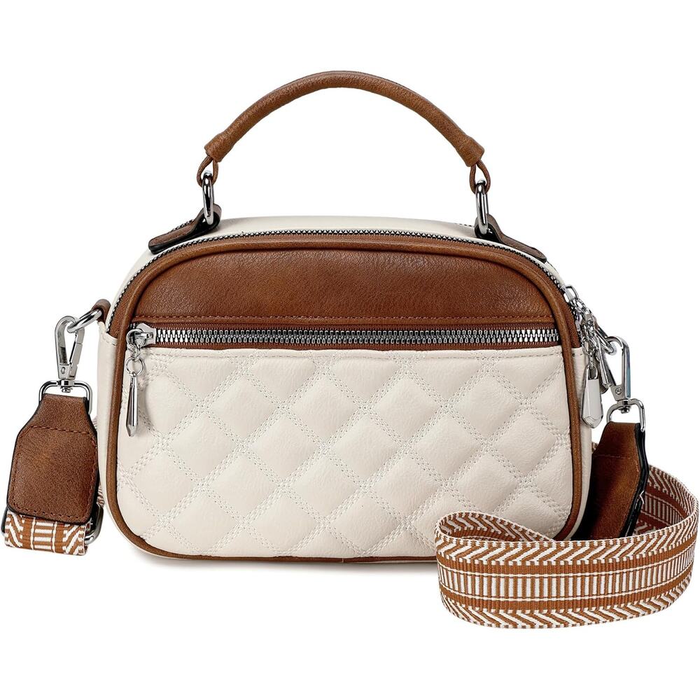 Quilted Cream & Brown Crossbody Bag | Top Handle Purse w/ Boho Strap